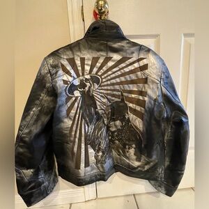 100% Leather Bomber Jacket w Stencil of Batman & Statue of Liberty - Men’s 44
